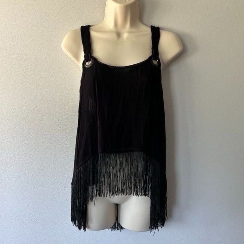 Free People Black Fringe Trim Grommet Hardware Accents Boho Festival Top (NWT) - Picture 4 of 4